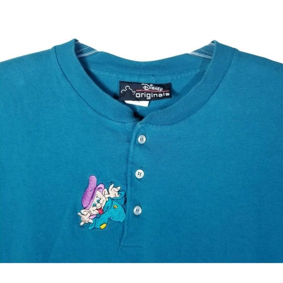 Vtg Disney Parks Snow White Dopey Dwarf Embroidered 3 Button Teal T Shirt L XL - Picture 1 of 10